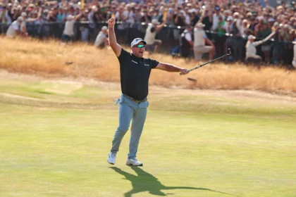 Jul 19, 2026; Southport, ENG; Ryan Fox reacts on the 18th green after putting for a birdie to win The Open Championship golf tournament at Royal Birkdale. Mandatory Credit: Bill Streicher-Imagn Images