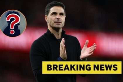 Mikel Arteta applauding fans with overlay of breaking news and mystery player