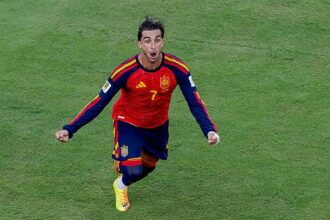: Ferran Torres of Spain celebrates 1-0 during the World Cup match between Spain v Argentina