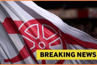 Arsenal flag with breaking news overlay