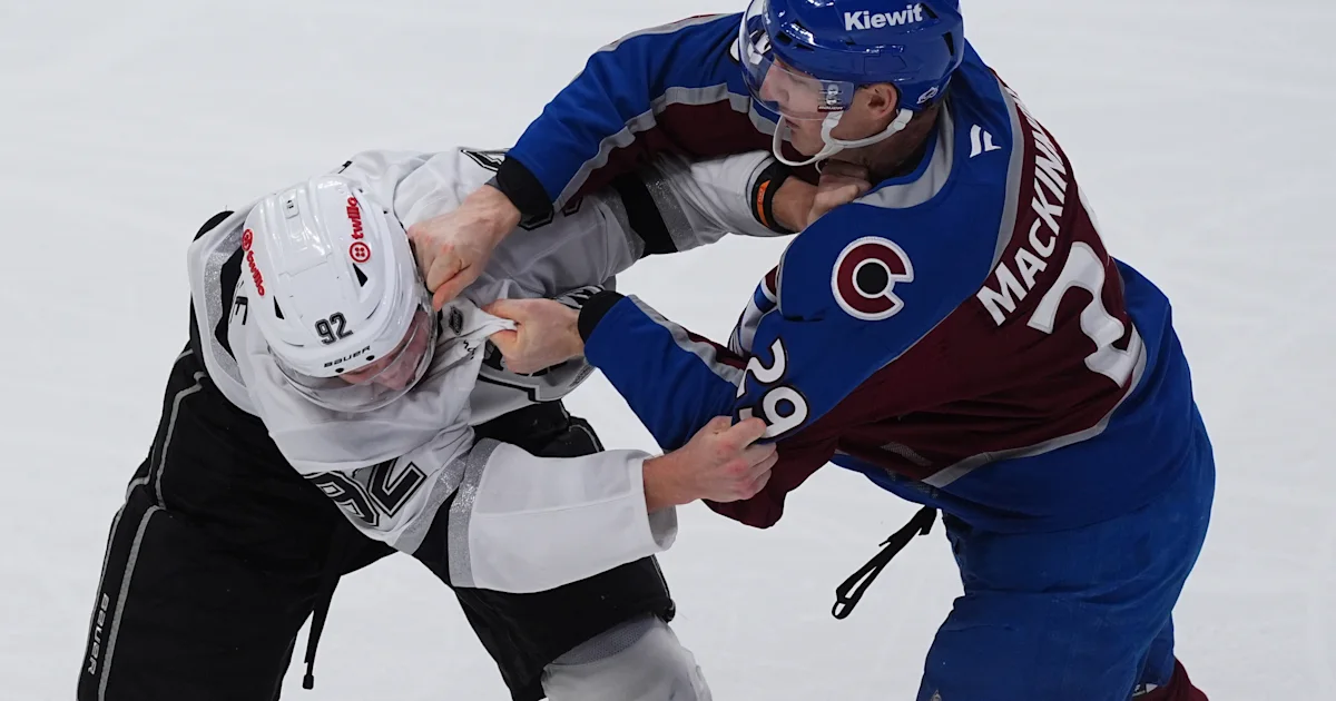 MacKinnon scores two goals and fights in Avalanche's 8-4 season-opening win over Kings